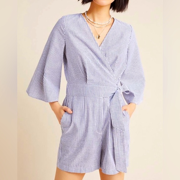Anthropologie Pants - Anthropologie Amadi Striped Cotton Short Romper Faux Wrap Flare Sleeves Size XS